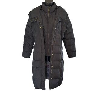 Cole Haan Hooded Puffer Coat Down Filled Sz L Black Winter Chic Gold Tone Zip